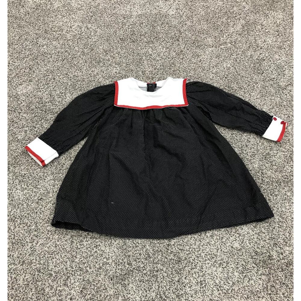 Vintage Sarah Kent Dress Girl 4T Black Polka Dot White/Red Collar Long Sleeve J1